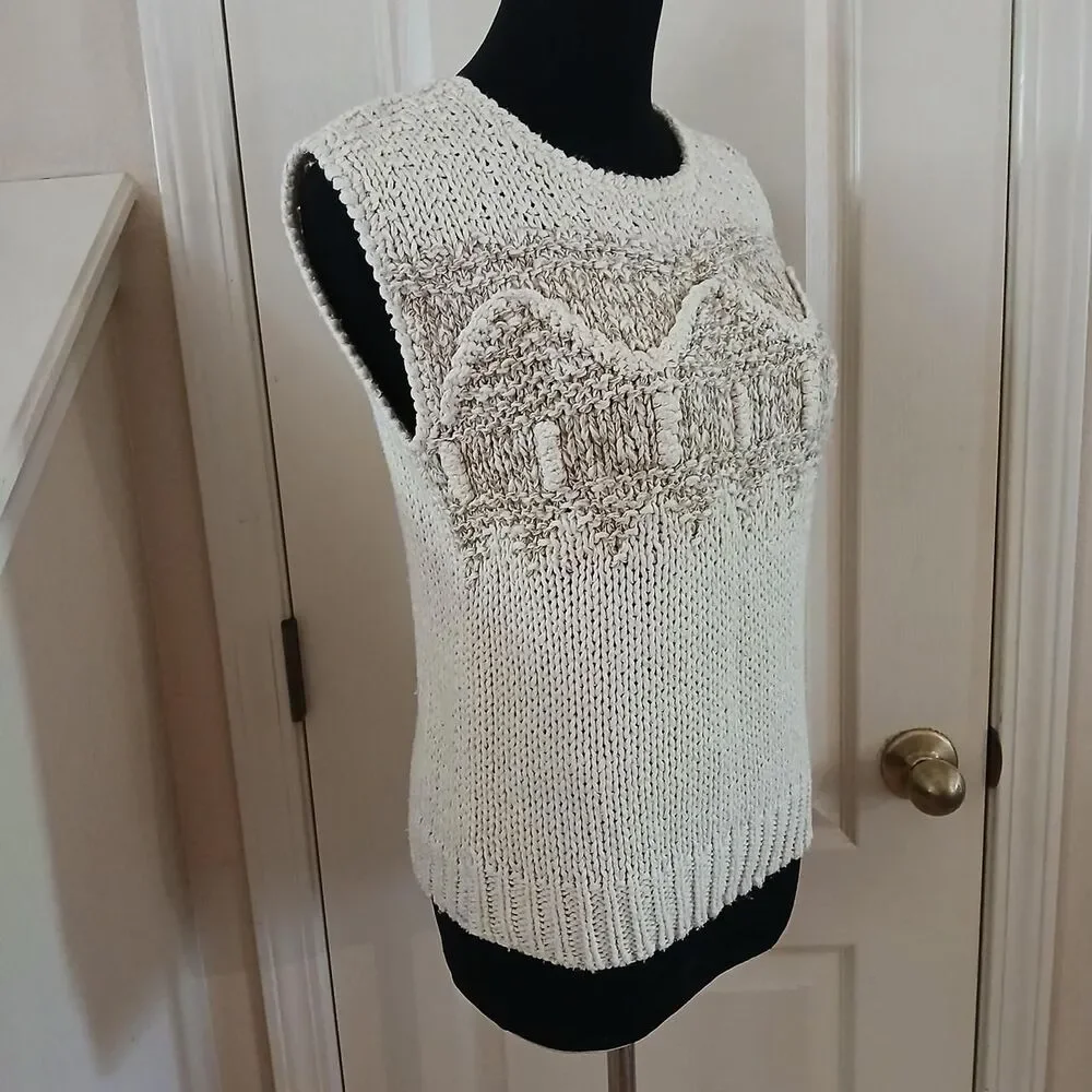 Vintage 80s Donagain Cream Chunky Knit Sweater Vest Textured Pattern M Academia